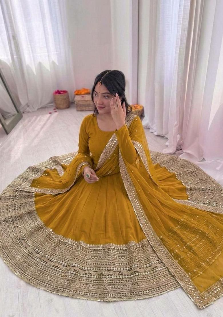 Yellow Sequin Work Silk Anarkali Set - Indya