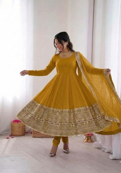 Yellow Sequin Work Silk Anarkali Set