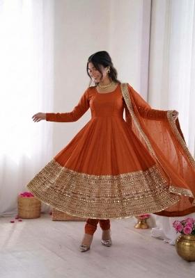 Orange Sequin Work Silk Anarkali Set