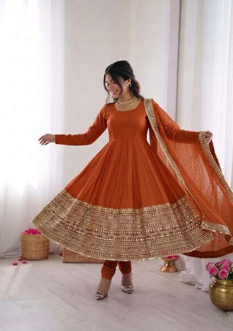 Orange Sequin Work Silk Anarkali Set - Indya