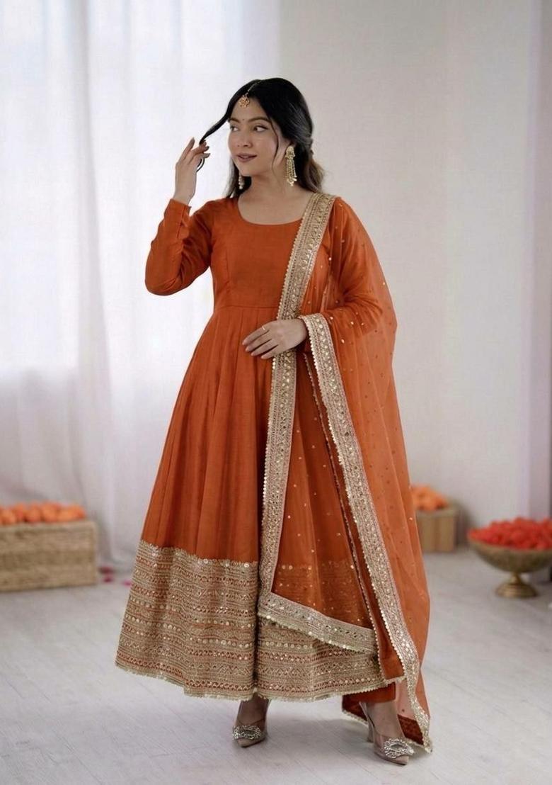 Orange Sequin Work Silk Anarkali Set - Indya