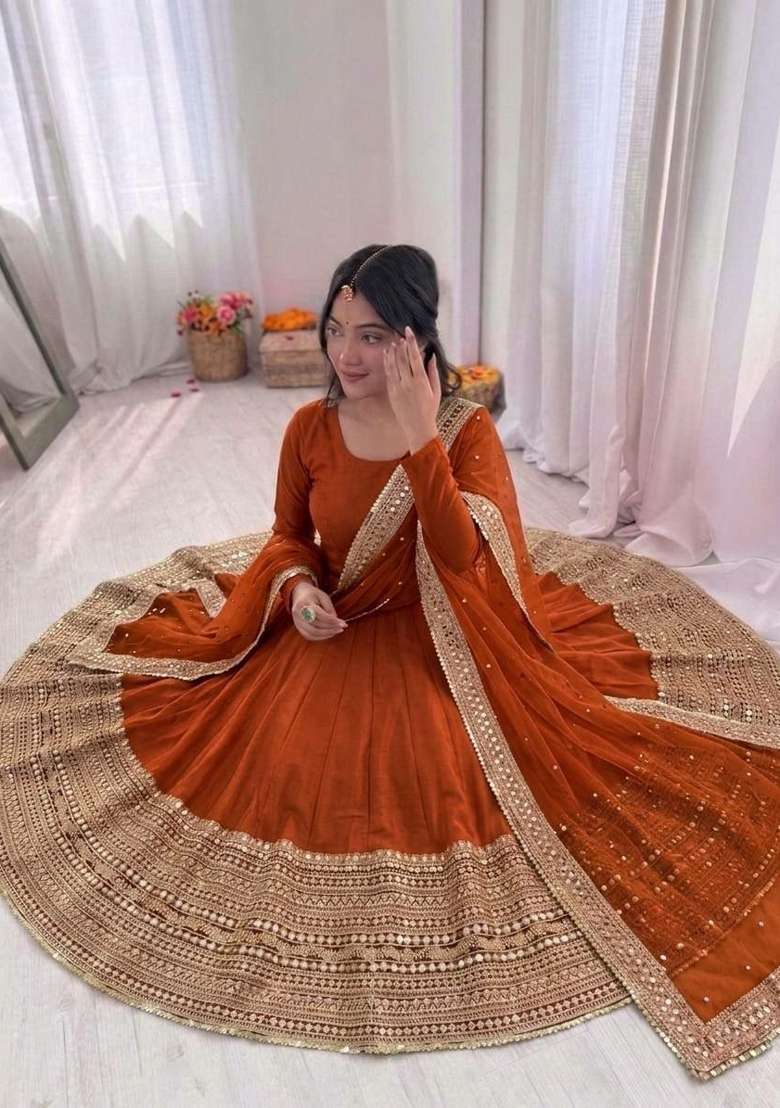 Orange Sequin Work Silk Anarkali Set - Indya