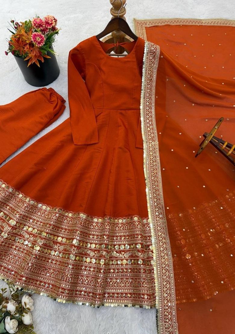 Orange Sequin Work Silk Anarkali Set - Indya
