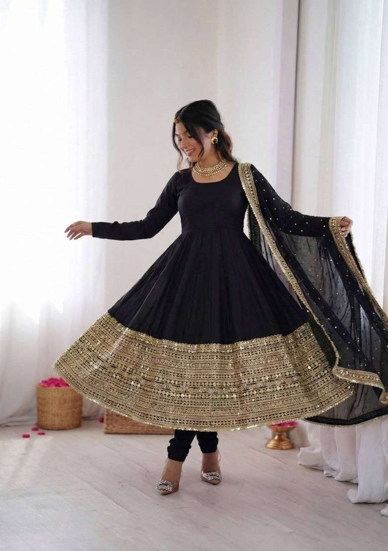 Black Sequin Work Silk Anarkali Set - Indya