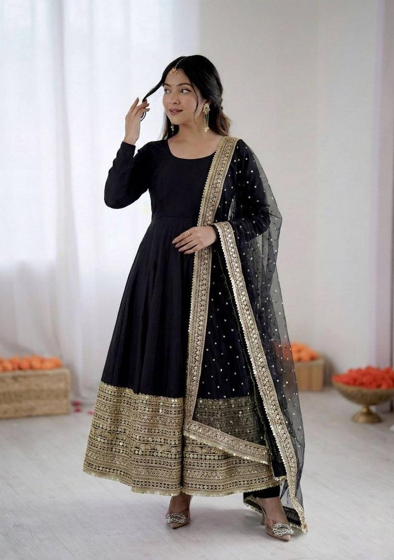Black Sequin Work Silk Anarkali Set - Indya