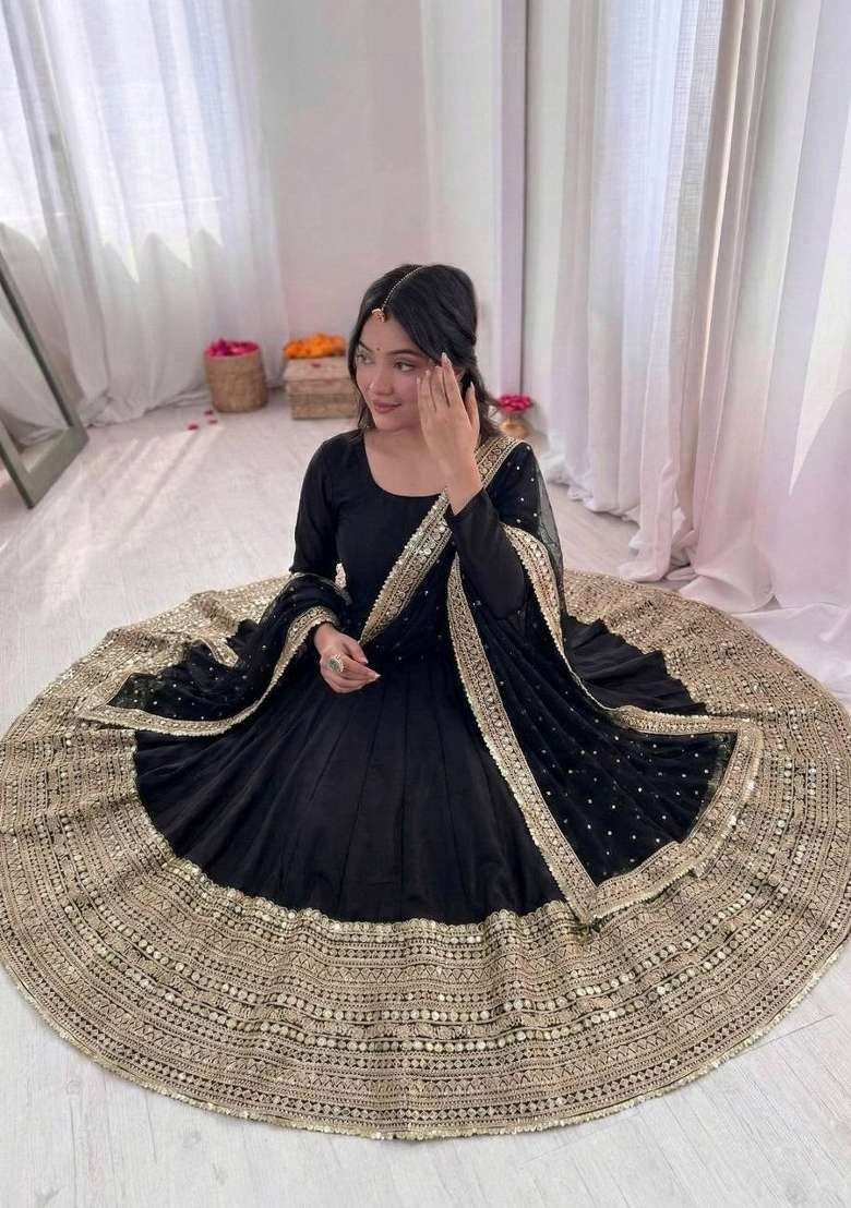Black Sequin Work Silk Anarkali Set - Indya