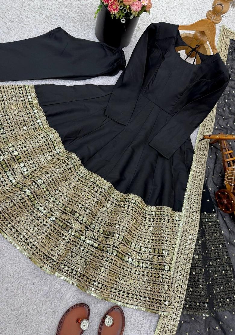 Black Sequin Work Silk Anarkali Set - Indya