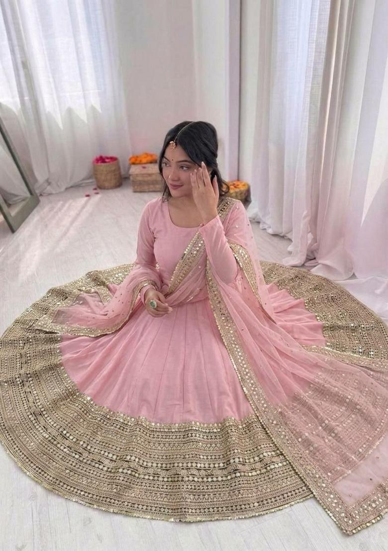 Pink Sequin Work Silk Anarkali Set - Indya