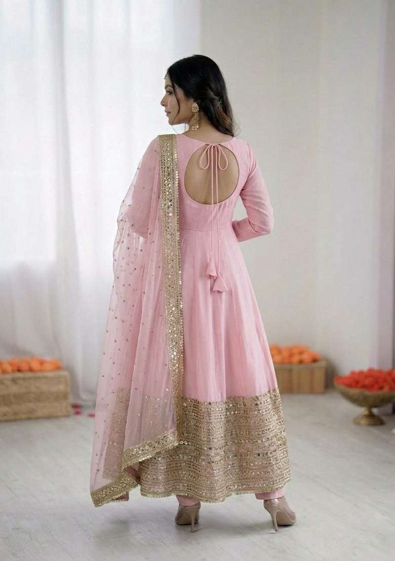 Pink Sequin Work Silk Anarkali Set - Indya