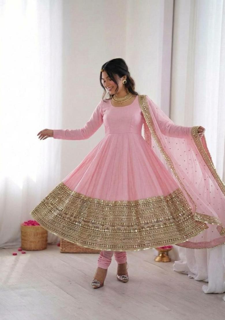Pink Sequin Work Silk Anarkali Set - Indya