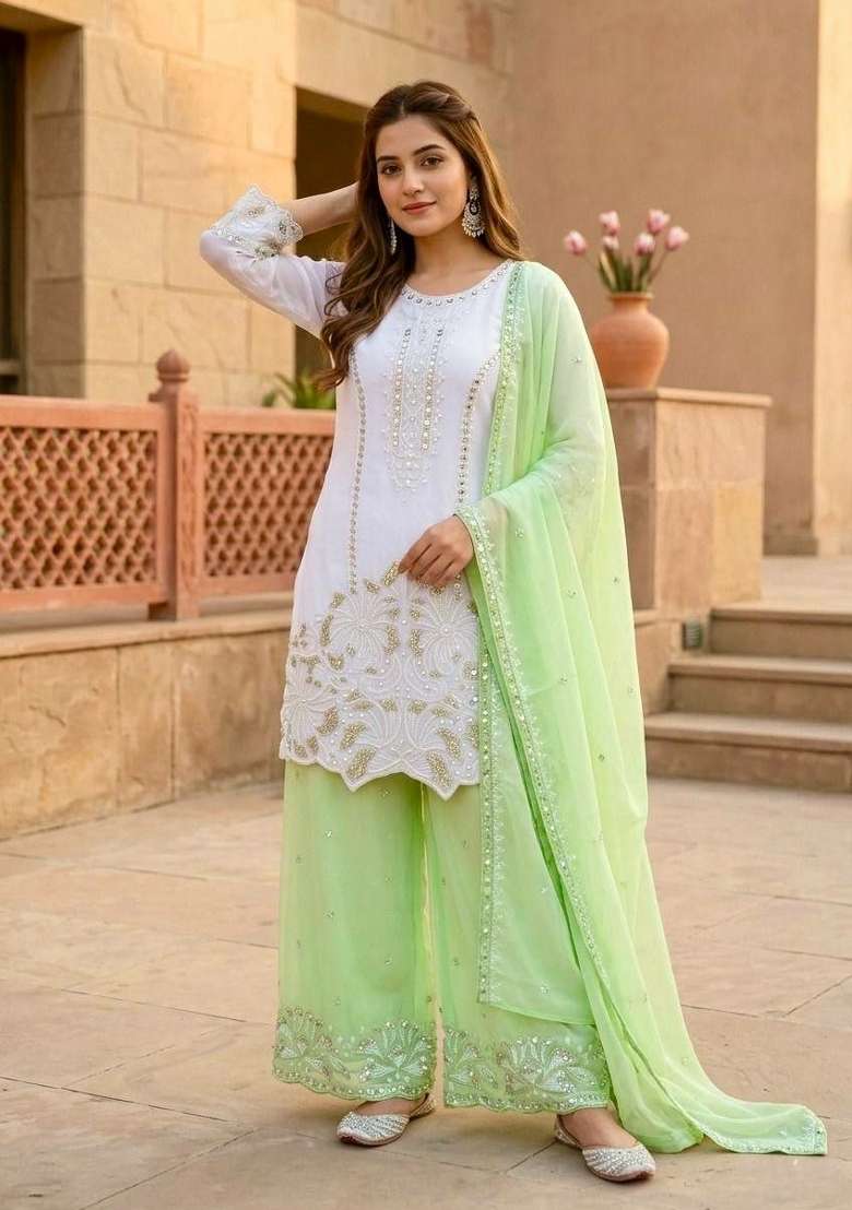 Green Embroidered Georgette Palazzo Set - Indya