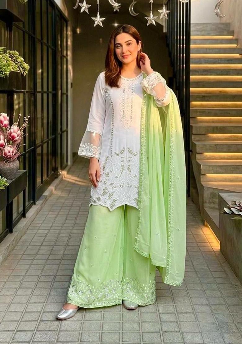 Green Embroidered Georgette Palazzo Set - Indya