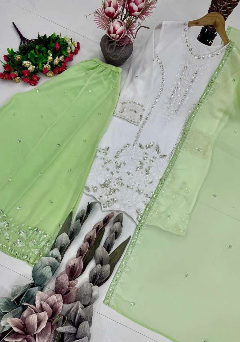 Green Embroidered Georgette Palazzo Set - Indya