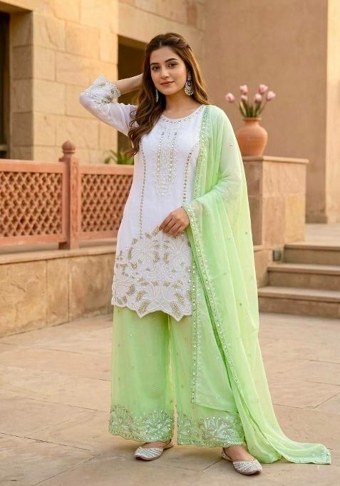 Green Embroidered Georgette Palazzo Set