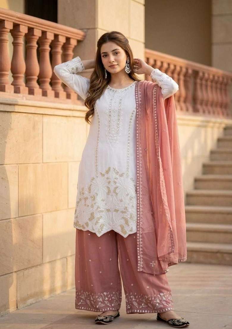 Onion Pink Embroidered Georgette Palazzo Set - Indya