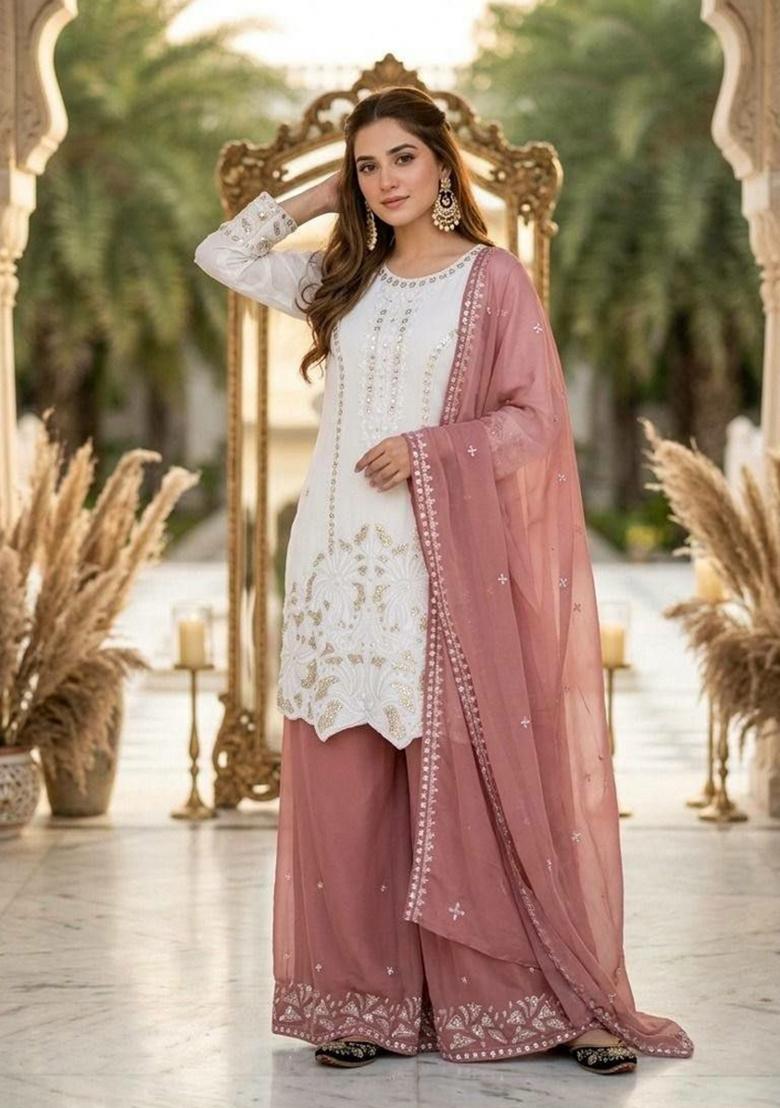 Onion Pink Embroidered Georgette Palazzo Set - Indya