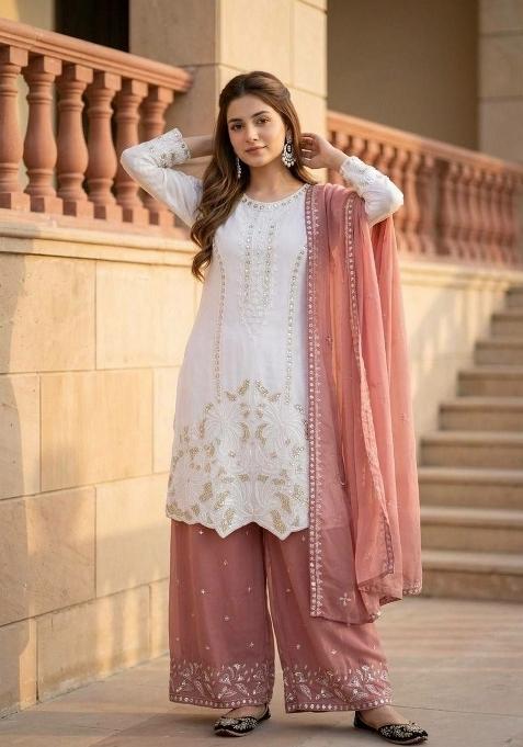 Onion Pink Embroidered Georgette Palazzo Set