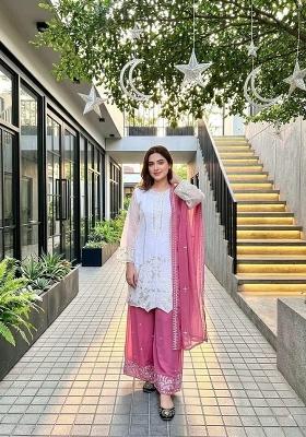 Pink Embroidered Georgette Palazzo Set