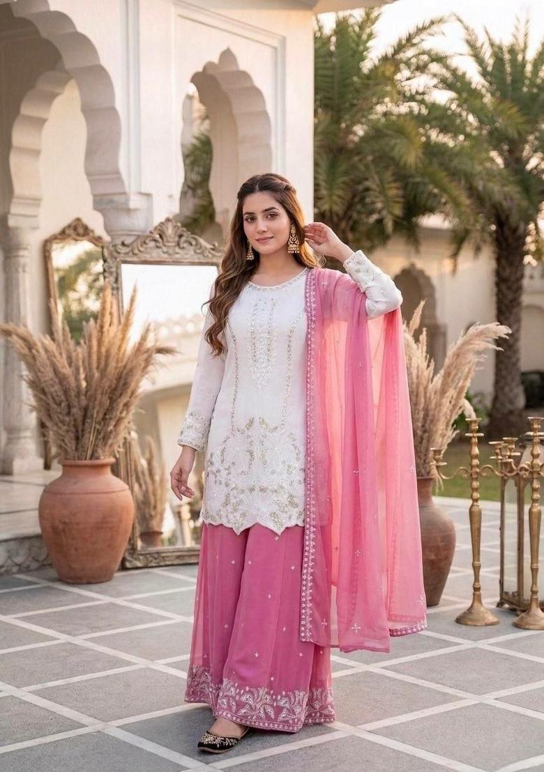 Pink Embroidered Georgette Palazzo Set - Indya