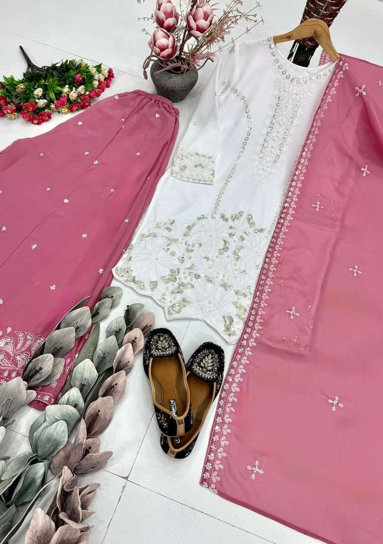 Pink Embroidered Georgette Palazzo Set - Indya
