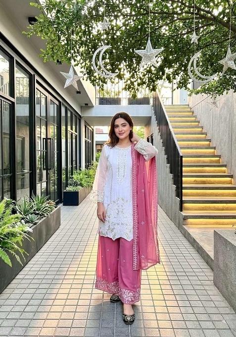 Pink Embroidered Georgette Palazzo Set