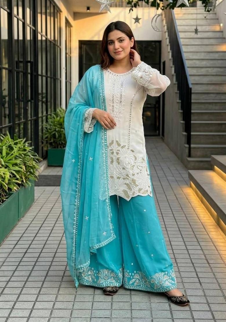 Blue Embroidered Georgette Palazzo Set - Indya