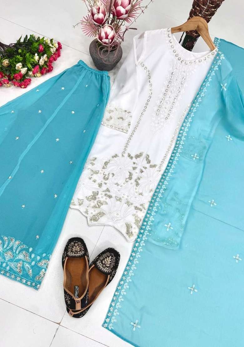 Blue Embroidered Georgette Palazzo Set - Indya