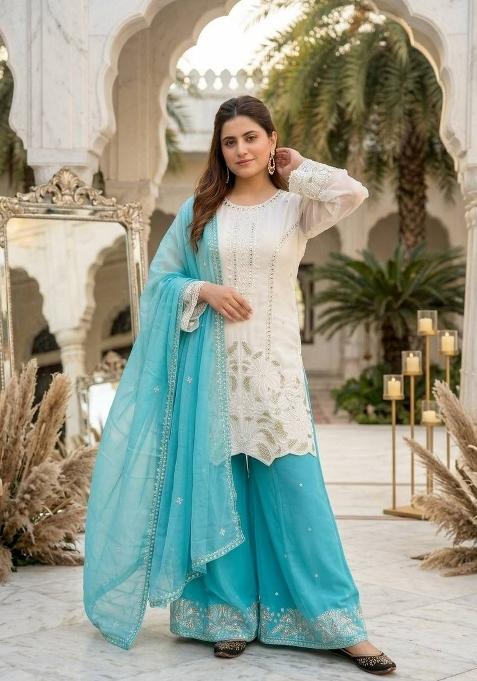 Blue Embroidered Georgette Palazzo Set