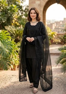 Black Sequin Work Crepe Salwar Kameez