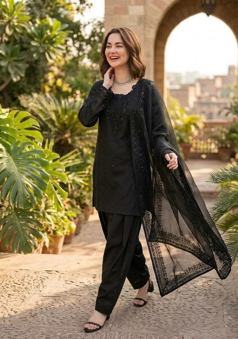 Black Sequin Work Crepe Salwar Kameez - Indya