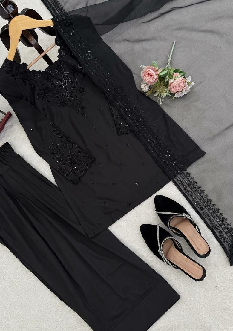 Black Sequin Work Crepe Salwar Kameez - Indya