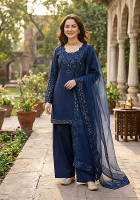 Blue Sequin Work Crepe Salwar Kameez