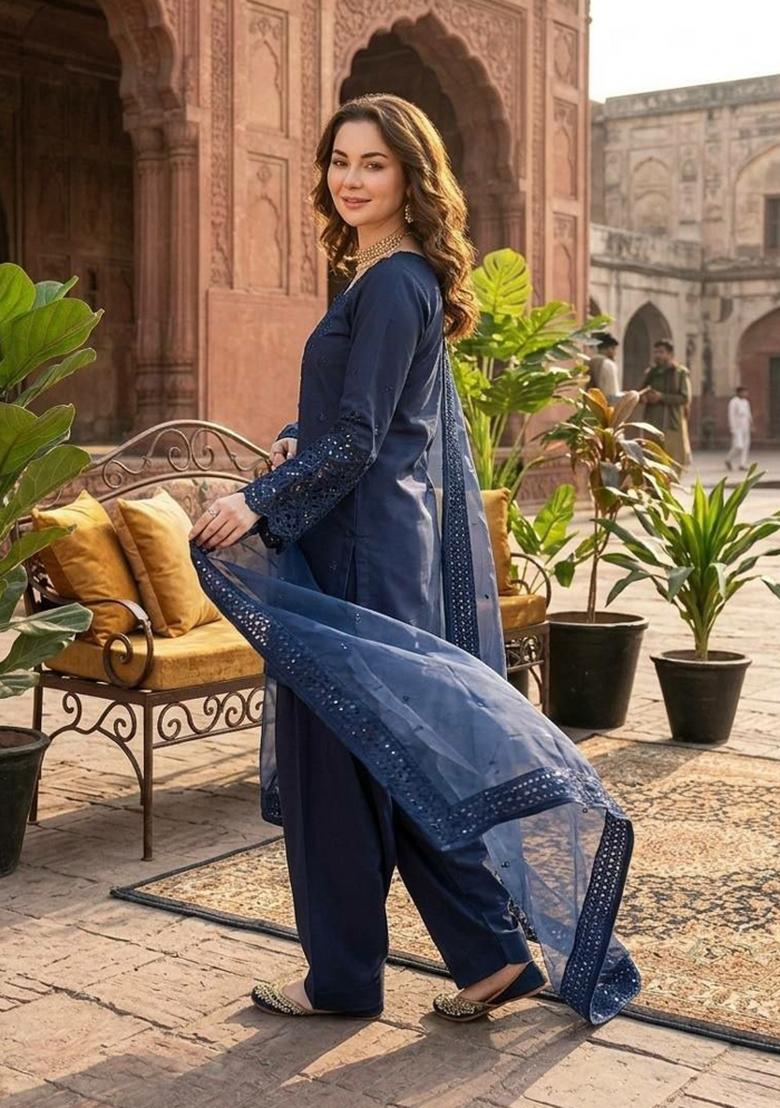 Blue Sequin Work Crepe Salwar Kameez - Indya