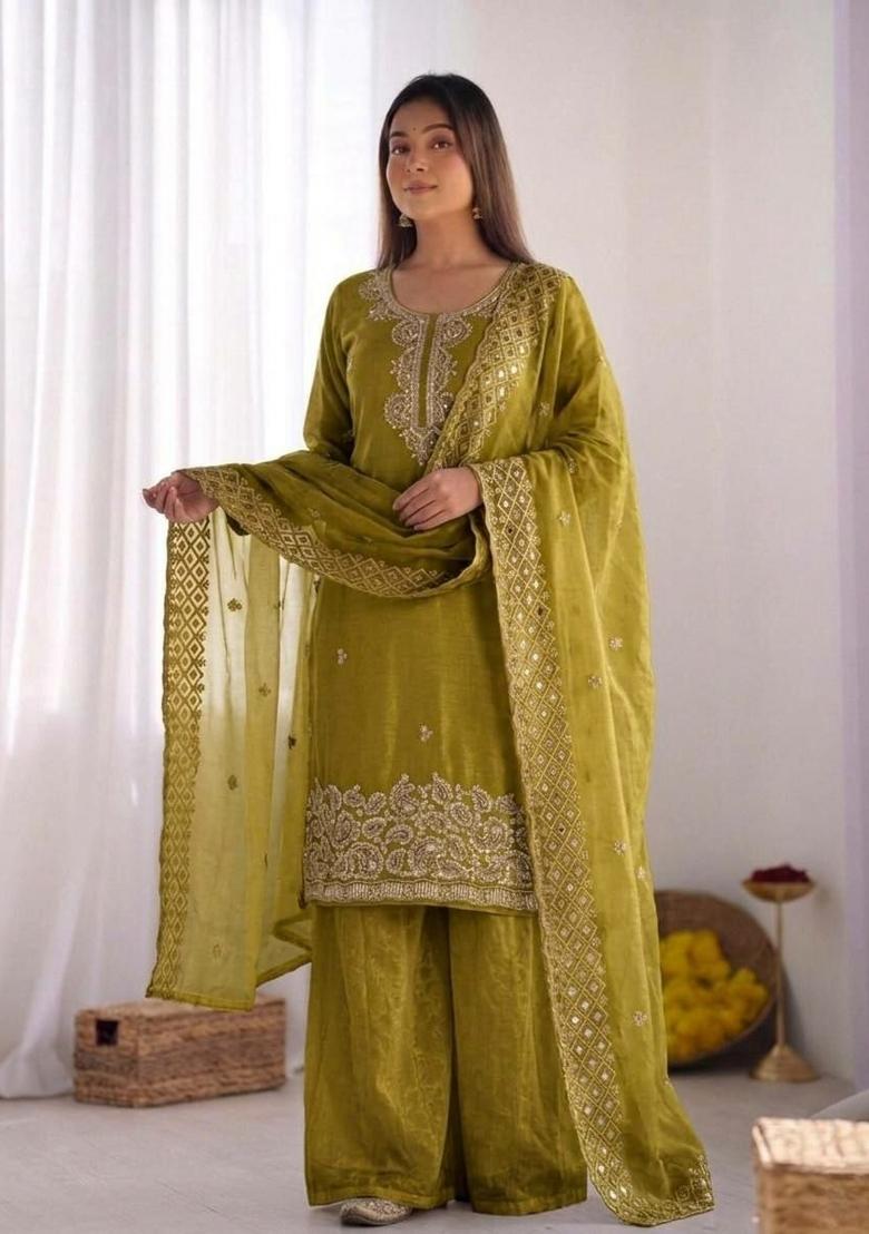 Green Embroidered Silk Palazzo Set - Indya