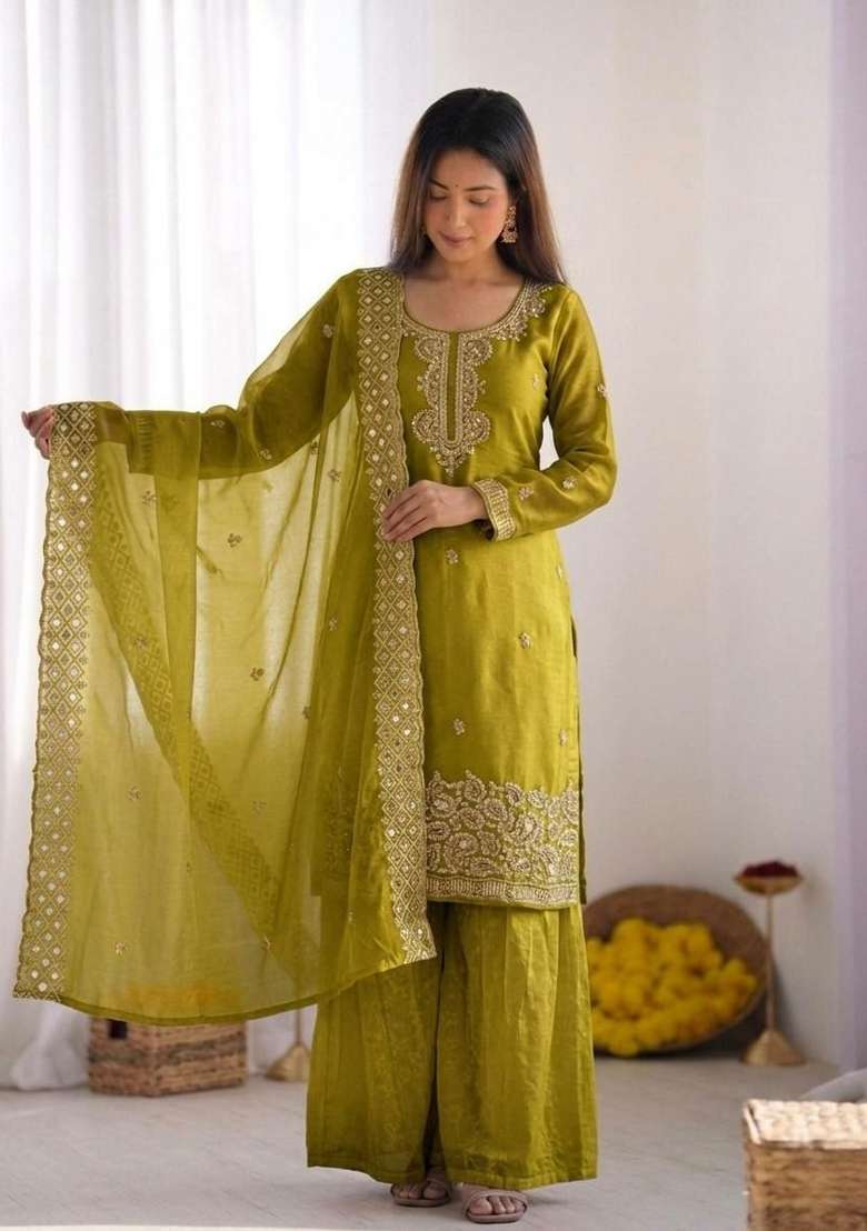 Green Embroidered Silk Palazzo Set - Indya