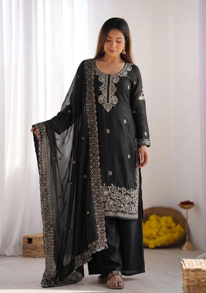 Black Embroidered Silk Palazzo Set - Indya