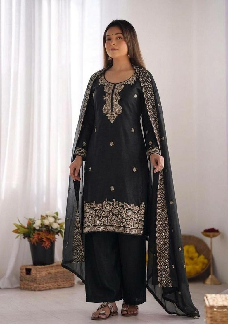 Black Embroidered Silk Palazzo Set - Indya