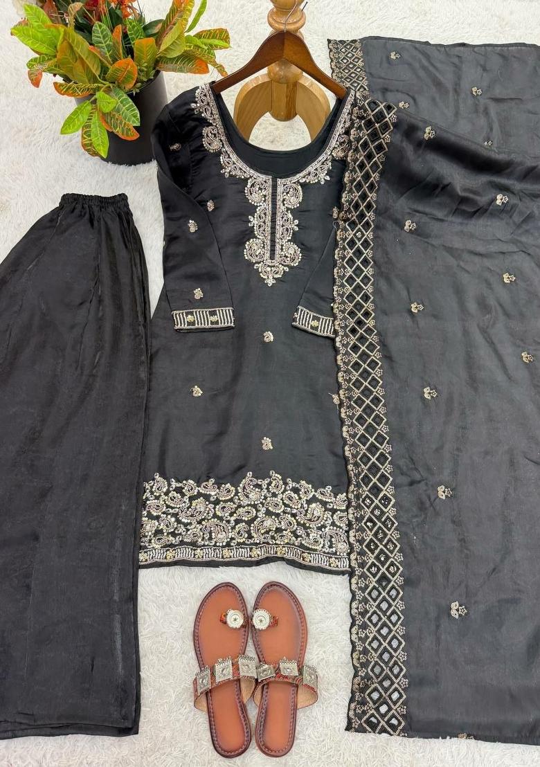 Black Embroidered Silk Palazzo Set - Indya