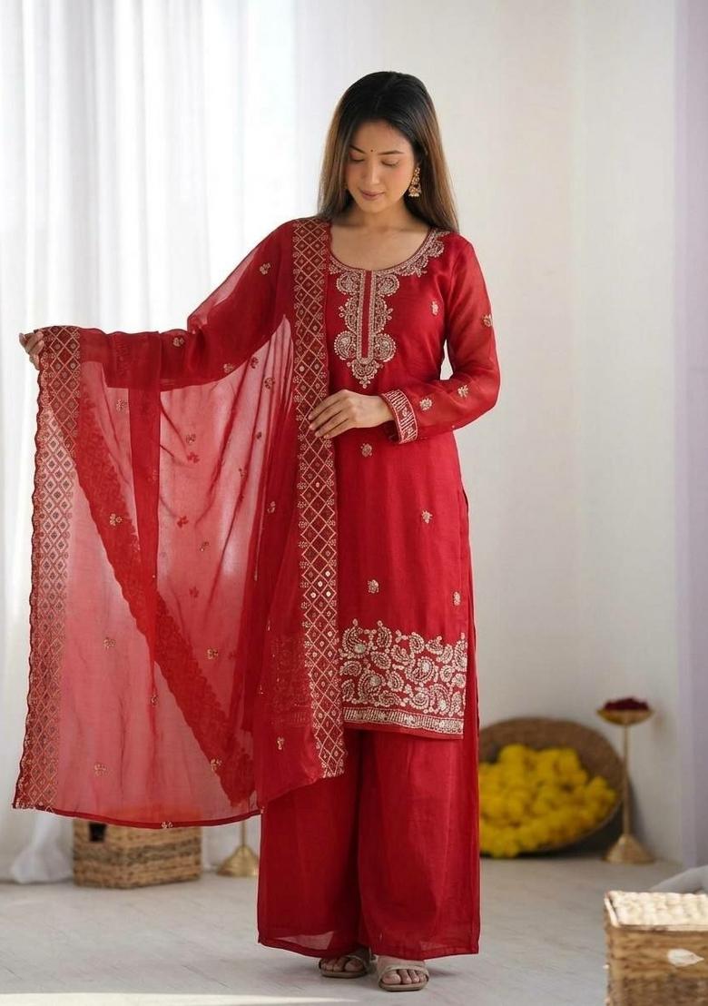 Red Embroidered Silk Palazzo Set - Indya