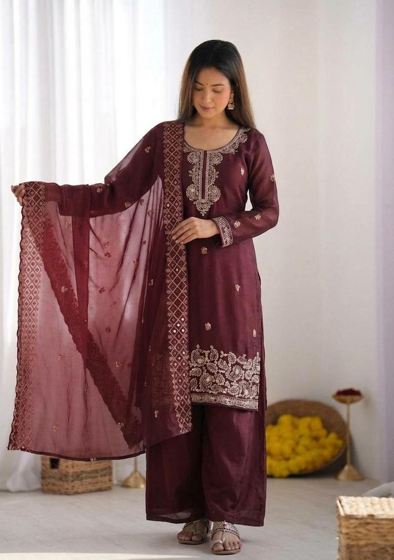 Maroon Embroidered Silk Palazzo Set - Indya