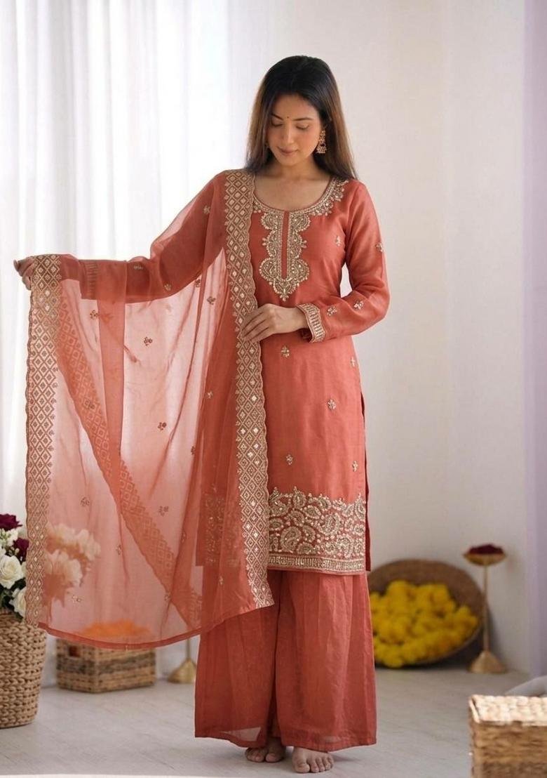 Orange Embroidered Silk Palazzo Set - Indya