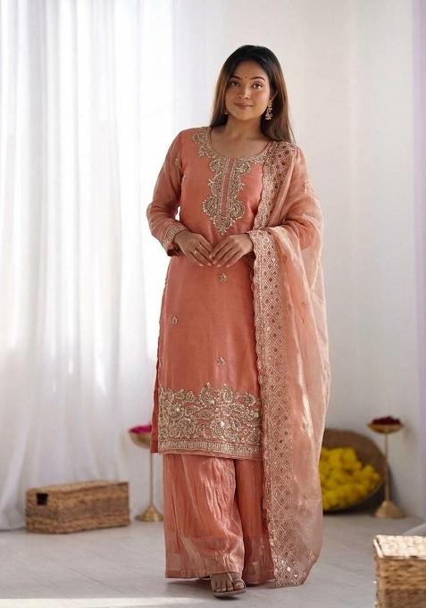 Orange Embroidered Silk Palazzo Set