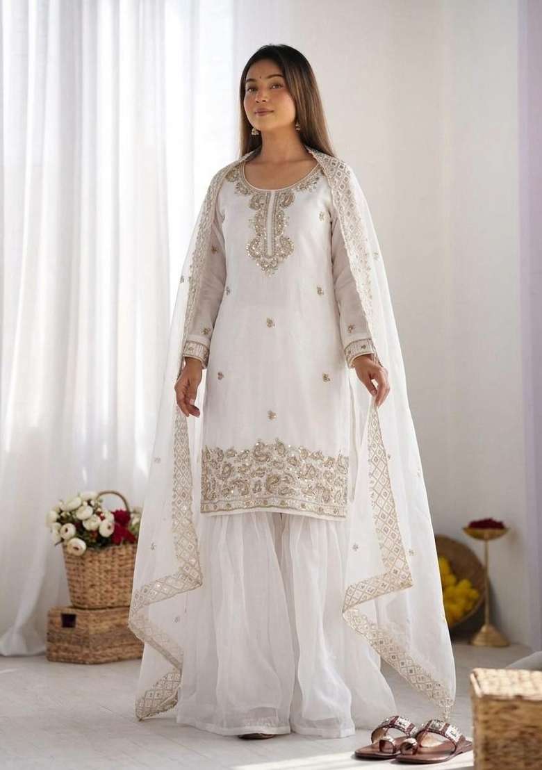 White Embroidered Silk Palazzo Set - Indya