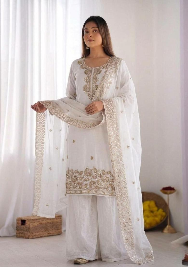 White Embroidered Silk Palazzo Set - Indya