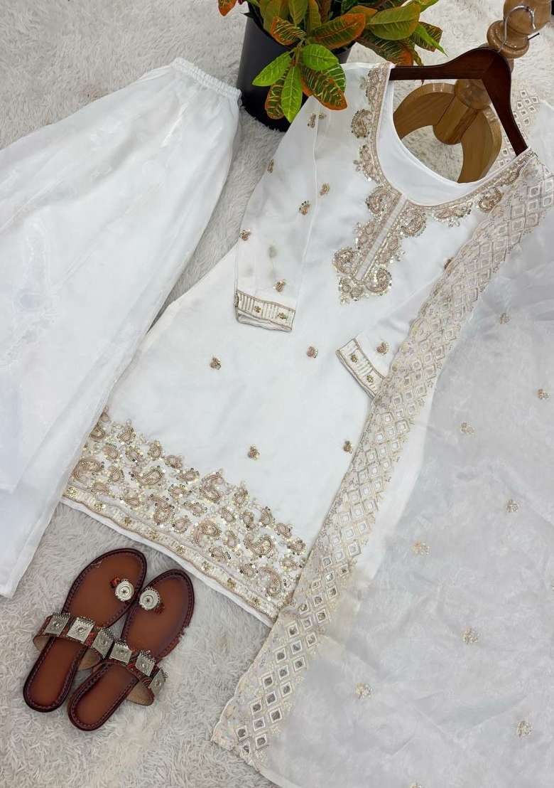 White Embroidered Silk Palazzo Set - Indya