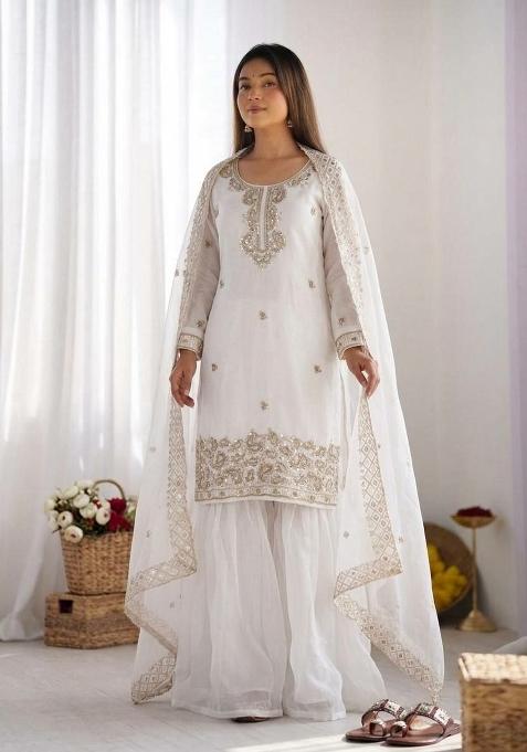 White Embroidered Silk Palazzo Set