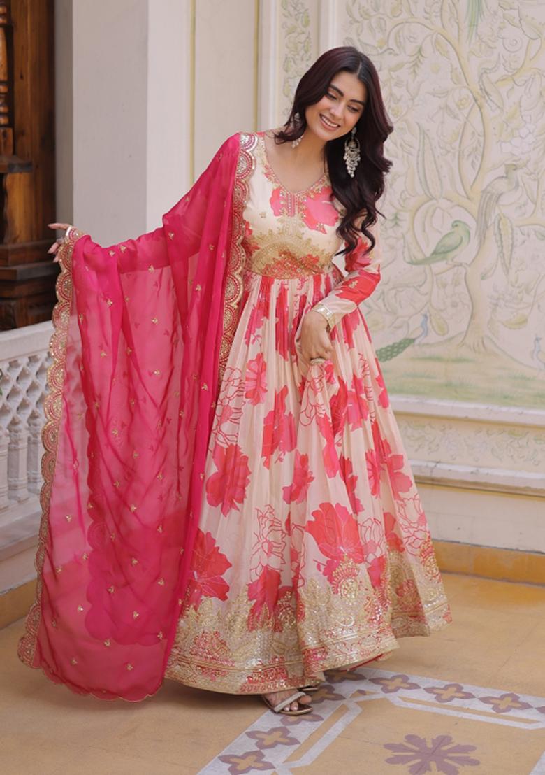 Pink Embroidered Silk Blend Anarkali Set - Indya