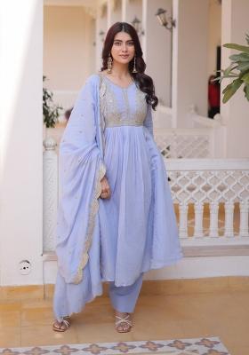 Sky Blue Embroidered Chanderi Anarkali Set