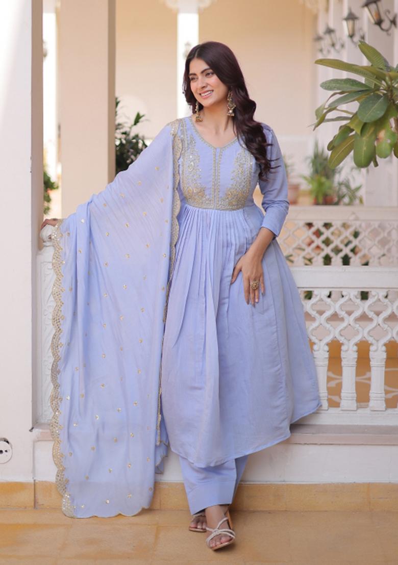Sky Blue Embroidered Chanderi Anarkali Set - Indya