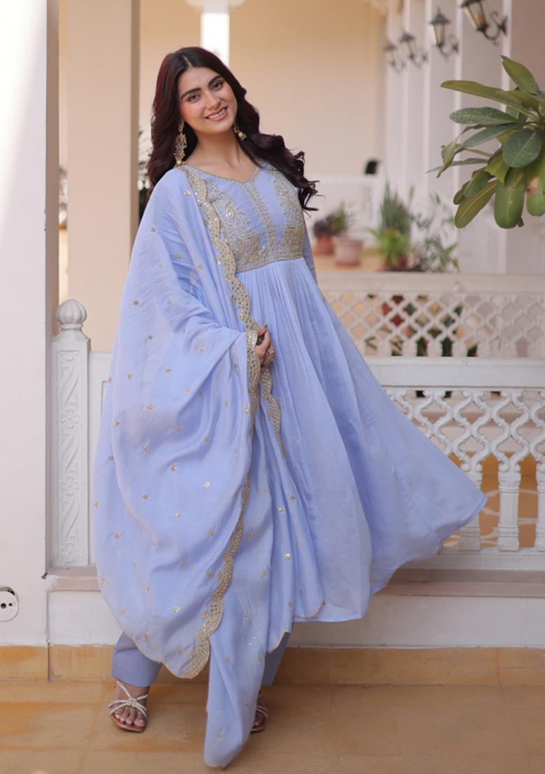 Sky Blue Embroidered Chanderi Anarkali Set - Indya